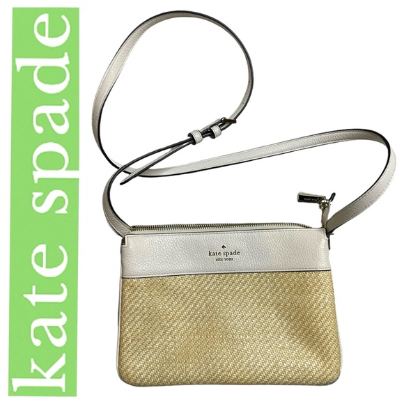 kate spade Handbags - Kate Spade Leather & Wicker Cream Tan Crossbody Zip Purse Medium Size GUC